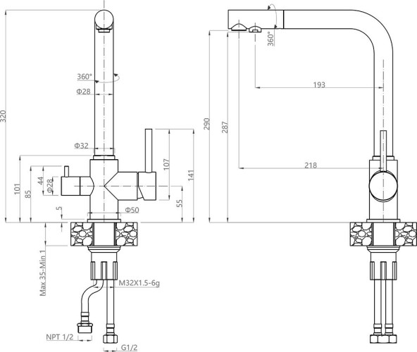 Смеситель для кухни GranFest Г-образный с краном питьевой воды 3611графит
