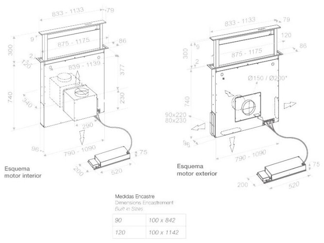 Встраиваемая вытяжка PANDO E 320 90 IX CR TOUCH V 950 SEC черное стекло